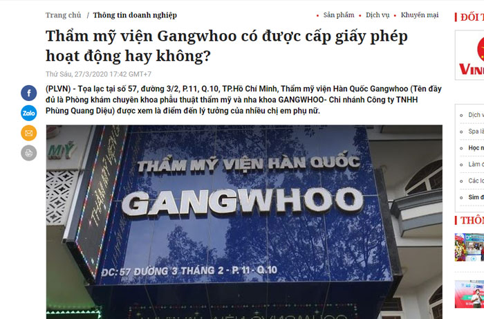 Báo Pháp Luật đưa tin về Thẩm mỹ viện Gangwhoo